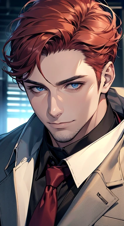 (best quality,4k,8k,highres,masterpiece:1.2),ultra-detailed,(realistic,photorealistic,photo-realistic:1.37),1 man,31 years old,mature man,very handsome,without expression,smile,short grey red hair,blue eyes,penetrating gaze,perfect face without errors,imposing posture,businessman,office background,cinematic lighting,hdr image