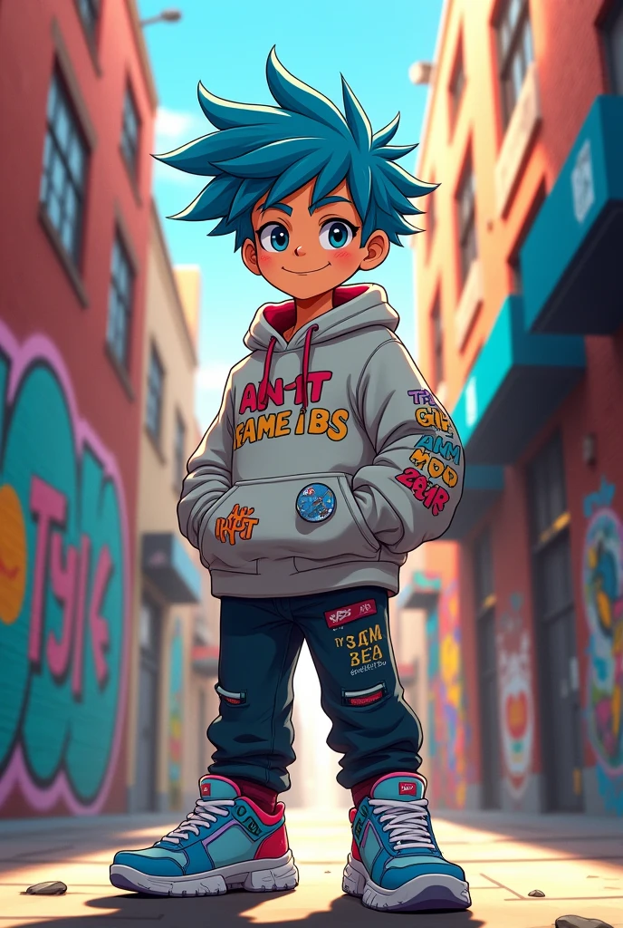 A cartoon anime boy 18 years old and wearing hoodie