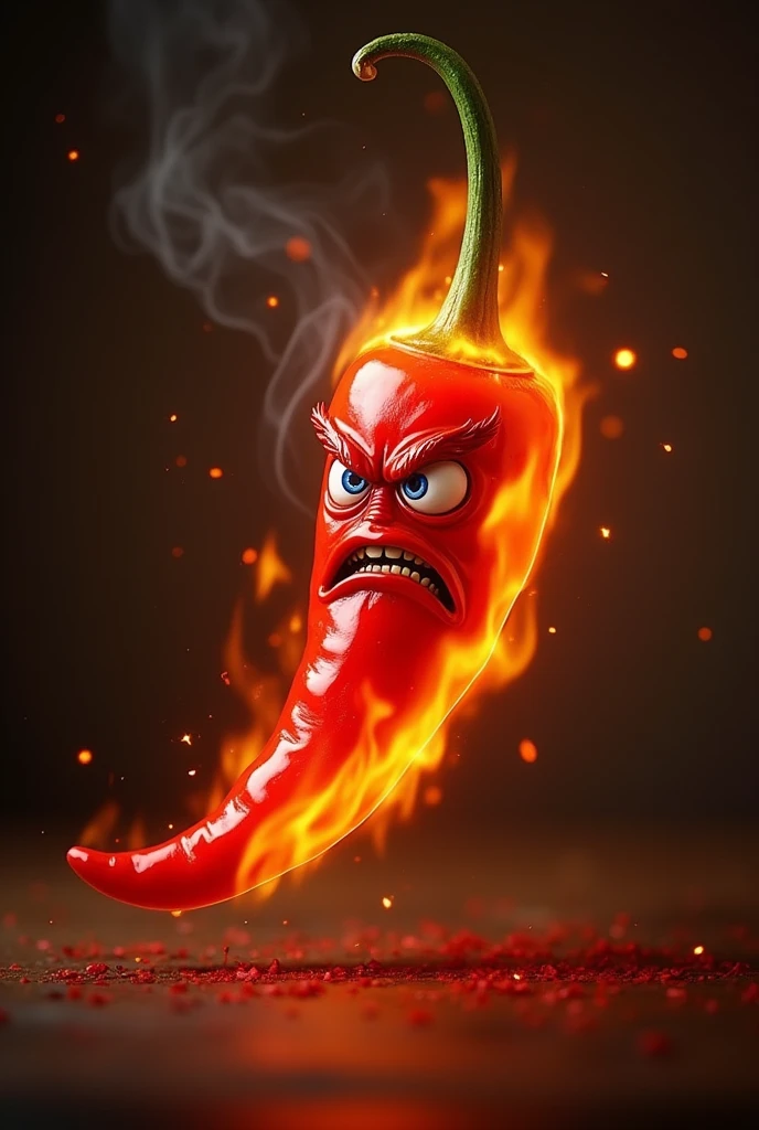 chili with angry expression emits fire from its mouth