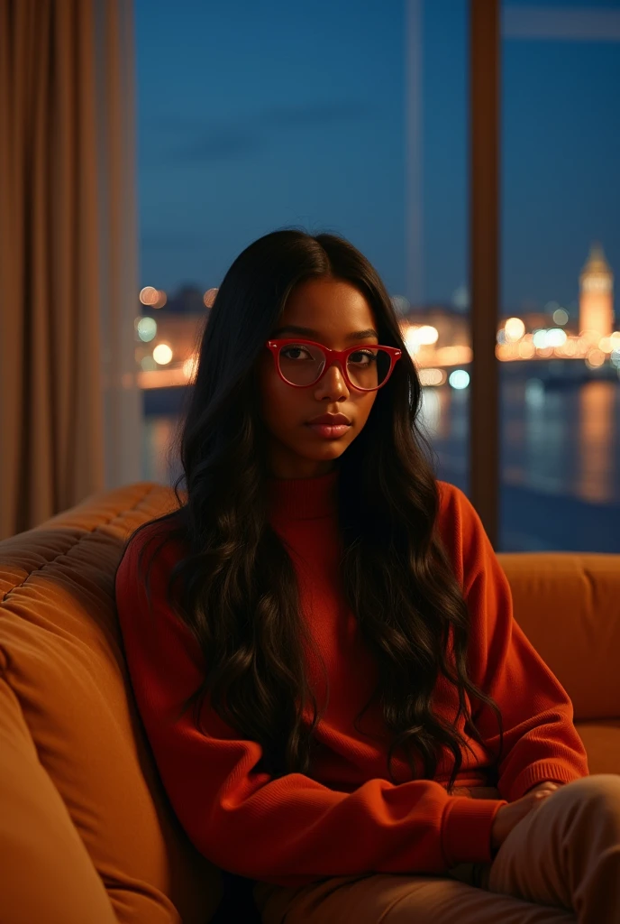 black girl, 19 ans, long black hair, red glasses, sitting in a large luxury modern living room, tan furniture, dark lighting, night, panoramic view of italy out of the window,