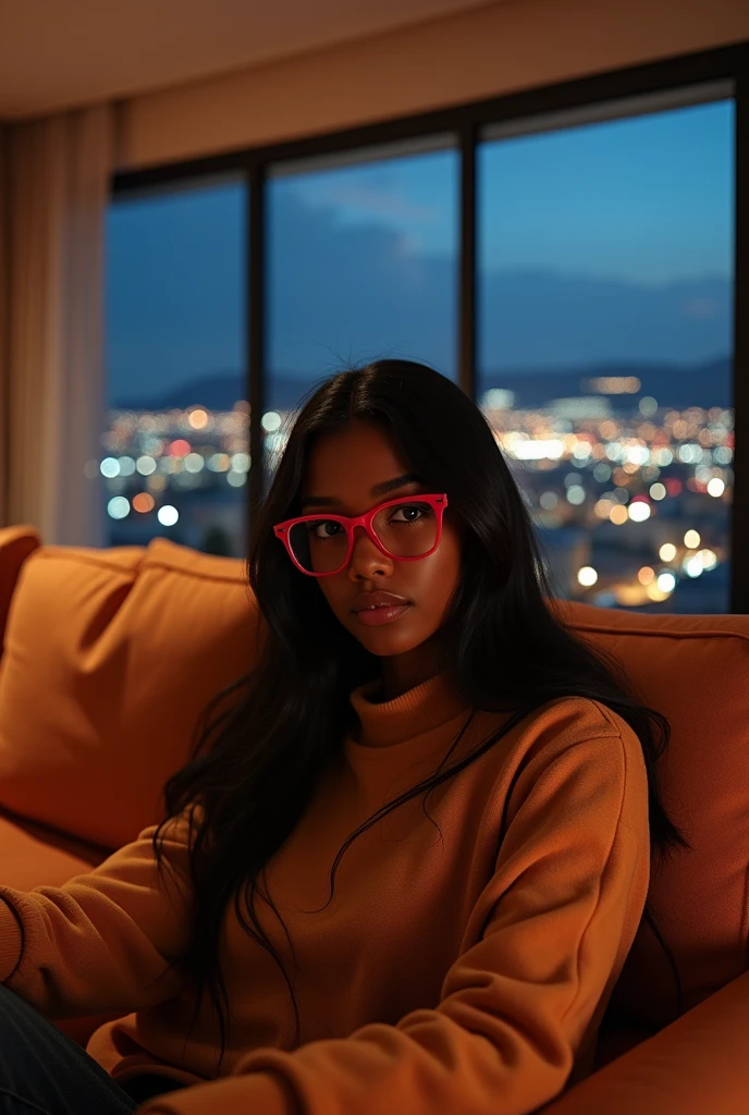 black girl, 19 ans, long black hair, red glasses, sitting in a large luxury modern living room, tan furniture, dark lighting, night, panoramic view of italy out of the window,