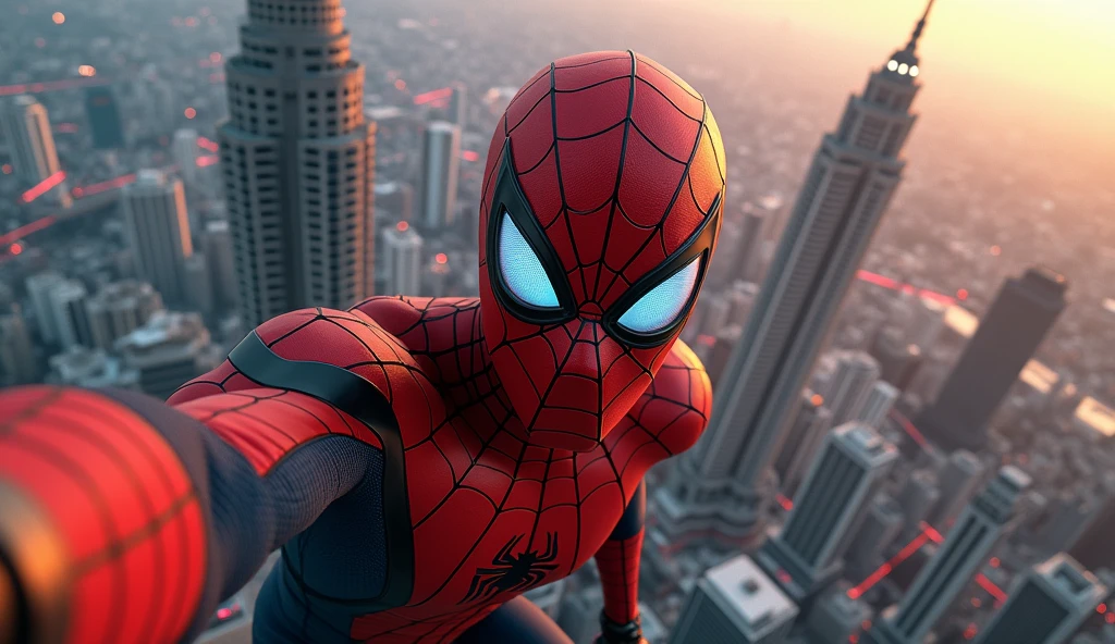 spiderman jawa guy Indonesia guy ,1man,climbing on klcc tower,taking selfie on top of klcc tower,detailed facial features,sharp focus,photorealistic,octane render,8k,hdr,studio lighting,hyperrealistic,extremely detailed,dramatic lighting,cinematic,trending on artstation,beautiful vivid colors,vibrant colors,realistic shadows,ray tracing,4k,hyper detailed. Background Kuala lumpur
