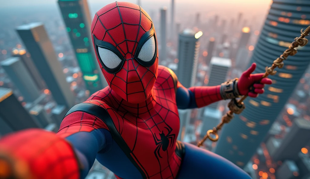 spiderman jawa guy Indonesia guy ,1man,climbing on klcc tower,taking selfie on top of klcc tower,detailed facial features,sharp focus,photorealistic,octane render,8k,hdr,studio lighting,hyperrealistic,extremely detailed,dramatic lighting,cinematic,trending on artstation,beautiful vivid colors,vibrant colors,realistic shadows,ray tracing,4k,hyper detailed. Background Kuala lumpur