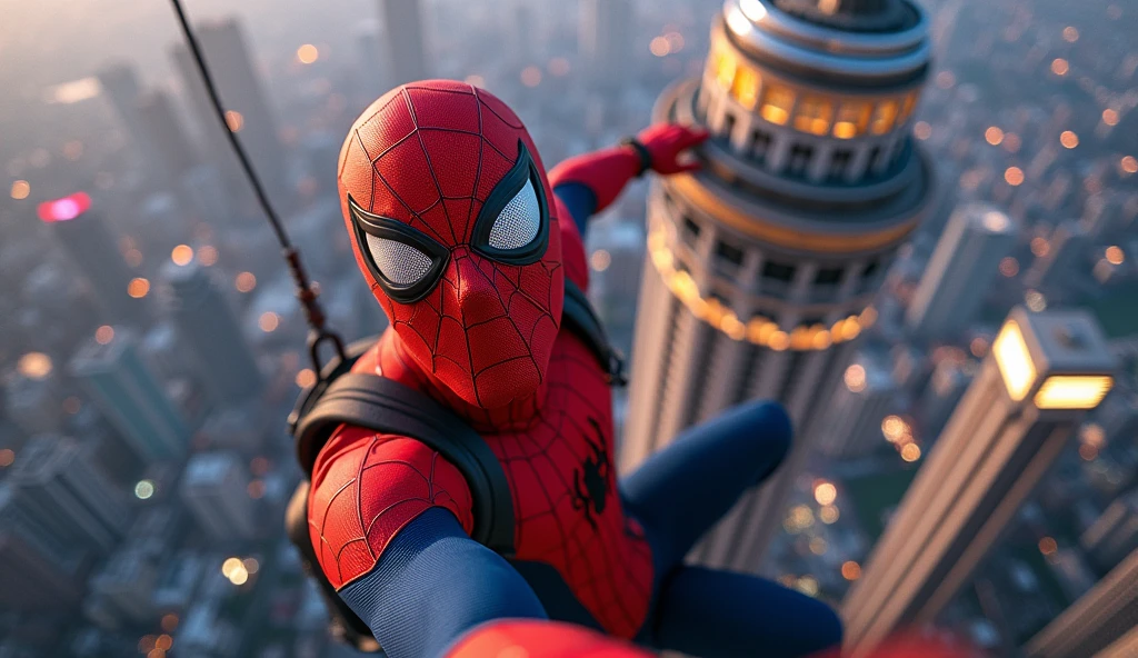 spiderman jawa guy Indonesia guy ,1man,climbing on klcc tower,taking selfie on top of klcc tower,detailed facial features,sharp focus,photorealistic,octane render,8k,hdr,studio lighting,hyperrealistic,extremely detailed,dramatic lighting,cinematic,trending on artstation,beautiful vivid colors,vibrant colors,realistic shadows,ray tracing,4k,hyper detailed. Background Kuala lumpur