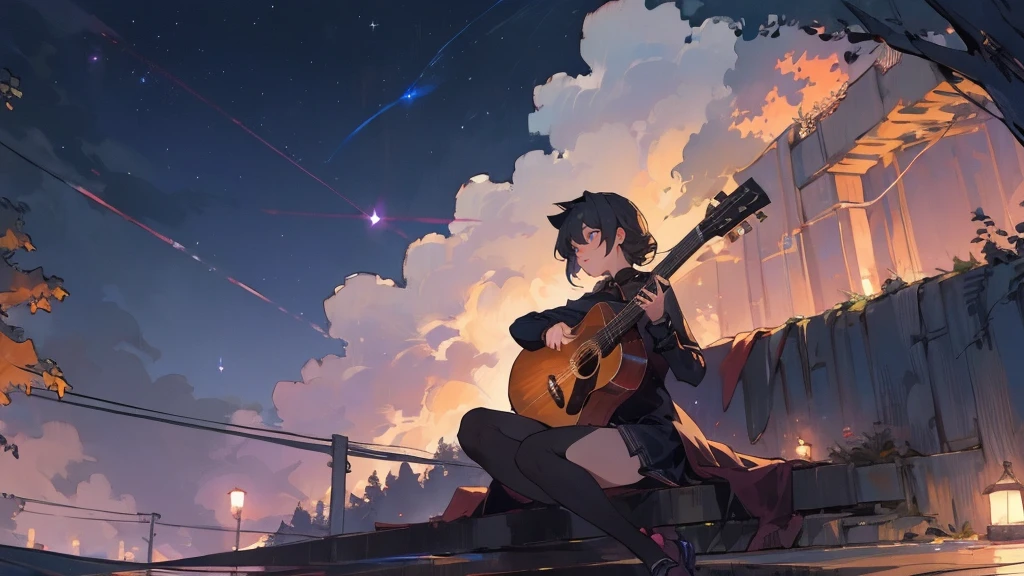 masterpiece,night,(dark alley),star、Night evening Sky、milky way、octone、
(1. Female), (solo), Knee hugging sitting,acousticguitar