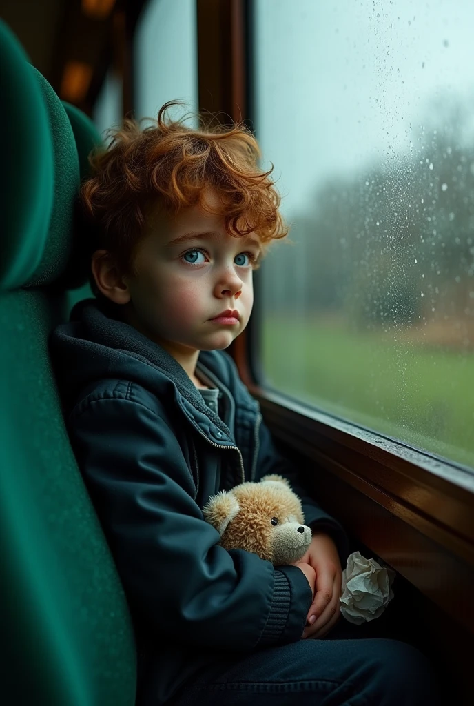 Boy very sad sitting in atrain window