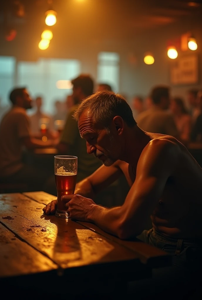 a 48 year old man with torn clothes sitting at a bar table drinking sad suffering from love yellow colored scene