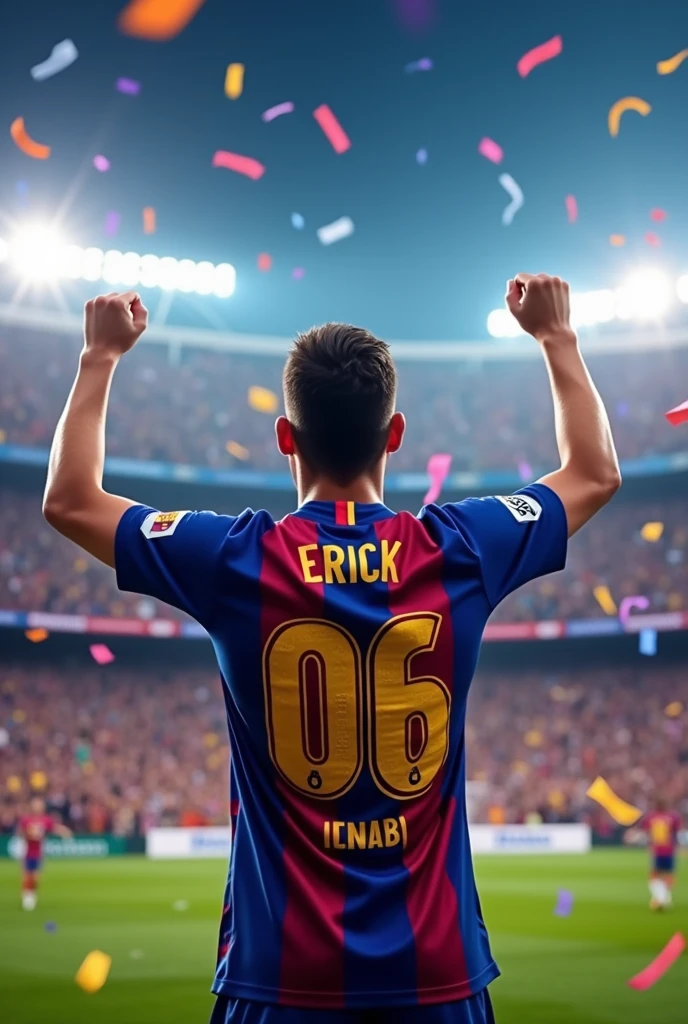 Animated man in a stadium wearing a Barcelona shirt with the number 06 with the name ERICK