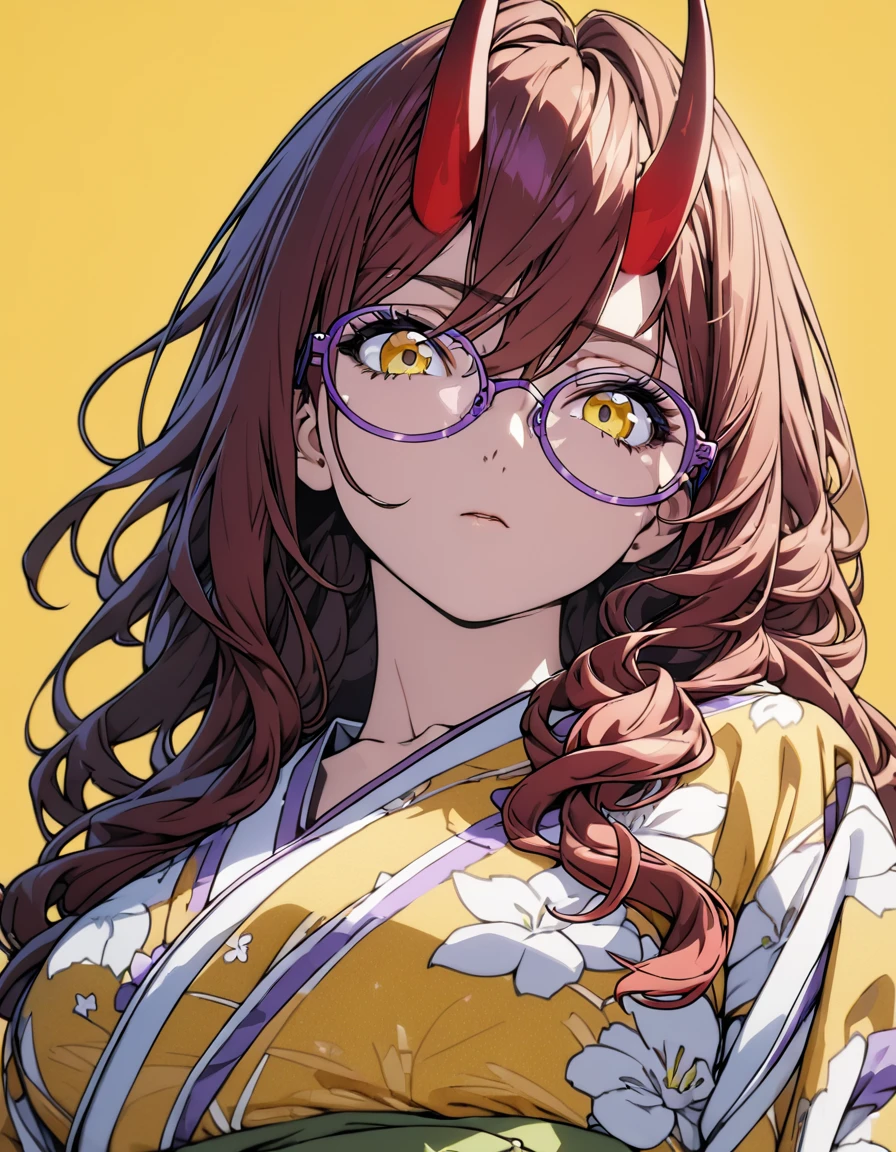  (masterpiece)、(absurdres)、(ultra detailed)、(8k),Anime illustration,BREAK,(yellow simple background:1.5),BREAK,(simple purple glasses),BREAK,Expressionless,potrait shot,独奏,(woman:1.1),(wavy hair:0.9),red hair,(long hair:1.1),hair between eyes,BREAK,(yellow eyes),BREAK,(Floral kimono),from below、looking viewer,(red horns of a Oni:1.1)