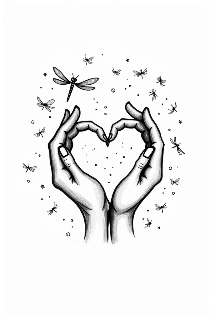 Heart shaped hands with dragonfly black and white not realistic doodle style NOT REALISTIC BLACK AND WHITE JUST STROKES NOT REALISTIC NO OVERLAY