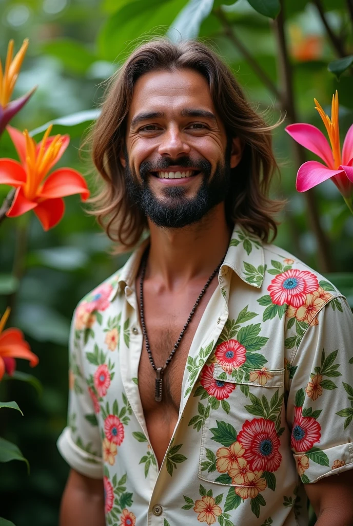 A man with long hair and a beard in a lush tropical garden, wearing an open shirt with a floral print, with a close-up capturing the harmonious beauty and natural flowers, showing off your natural charm and outgoing personality.