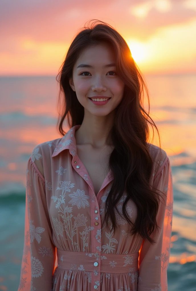 Beautiful one、Detailed eyes、、Highest quality, 超High resolution, (Reality: 1.4), Super Beauty、Beautiful Skin、Slender、Body facing forward、(Surreal)、(High resolution)、(8k)、(Beautiful and detailed eyes)、Detailed face、Bright lighting、Face Focus、Look straight ahead、(The costume is a damask shirt dress.)、Long Hair, Evening scenery、Brown Hair、Japan is an idol、、Age 20、 smile, Seascape
