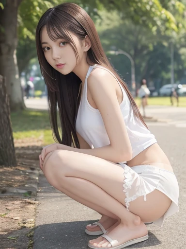 (squatting, legs spread), long hair, (tank top), (skirt),(Wearing white panties),(showing off pantie:1.3), in the park, full body shot, front view, low angle shot