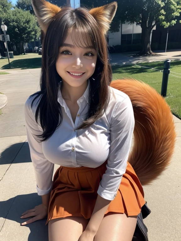 ((Highest quality, 8k)), ((masterpiece)), (Highest Resolution), Perfect Face, Fox Woman, Female college student, Beautiful woman, Outdoor, Only one tail, she has thick thighs, Her large tail, She has an orange fox tail, She wags her tail, Smiling with teeth showing, Fur collar, She's wearing a shirt and a short skirt., Plump Breasts, Beautiful Hips , A fox tail sticks out from the skirt.