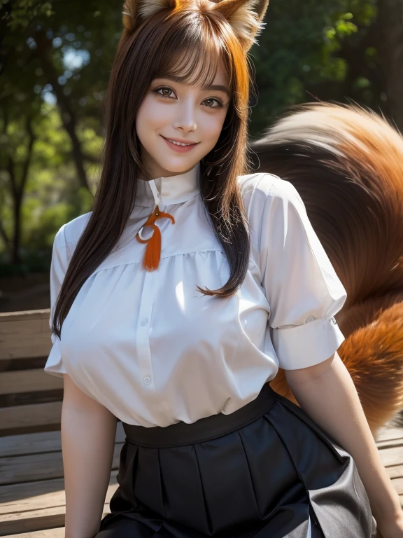 ((Highest quality, 8k)), ((masterpiece)), (Highest Resolution), Perfect Face, Fox Woman, Female college student, Beautiful woman, Outdoor, Only one tail, she has thick thighs, Her large tail, She has an orange fox tail, She wags her tail, Smiling with teeth showing, Fur collar, She's wearing a shirt and a short skirt., Plump Breasts, Beautiful Hips , A fox tail sticks out from the skirt.
