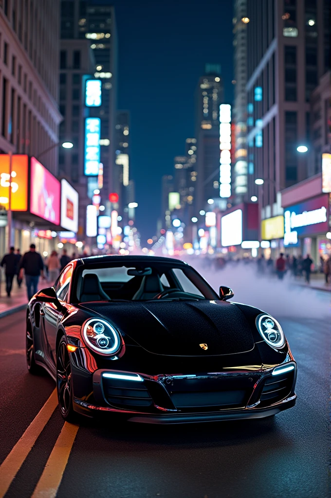 Porche black car full in city at night