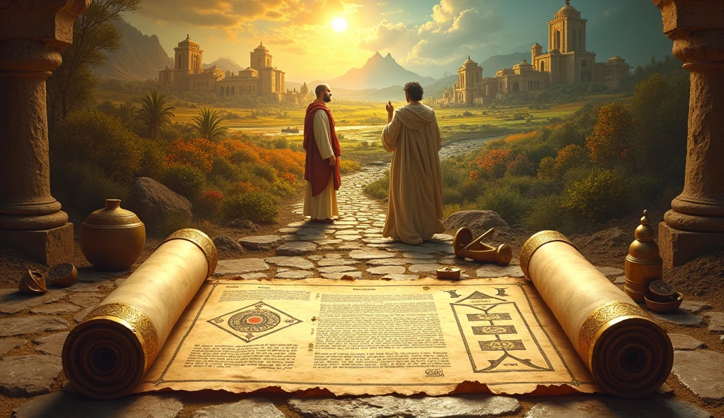 Create an image that symbolizes financial planning with a biblical twist. Show an unrolled ancient scroll with a detailed strategic plan, while Solomon, in a vibrant market scenario, observe carefully. Ao fundo, an illustrative mural divides the scene into two parts: one shows prosperity and growth, with green fields and robust buildings, representing the result of diligent planning; the other shows a barren and deteriorated landscape, representing the consequences of haste and lack of planning. Add elements like an antique compass and calculating tools to reinforce the importance of strategic and careful guidance..