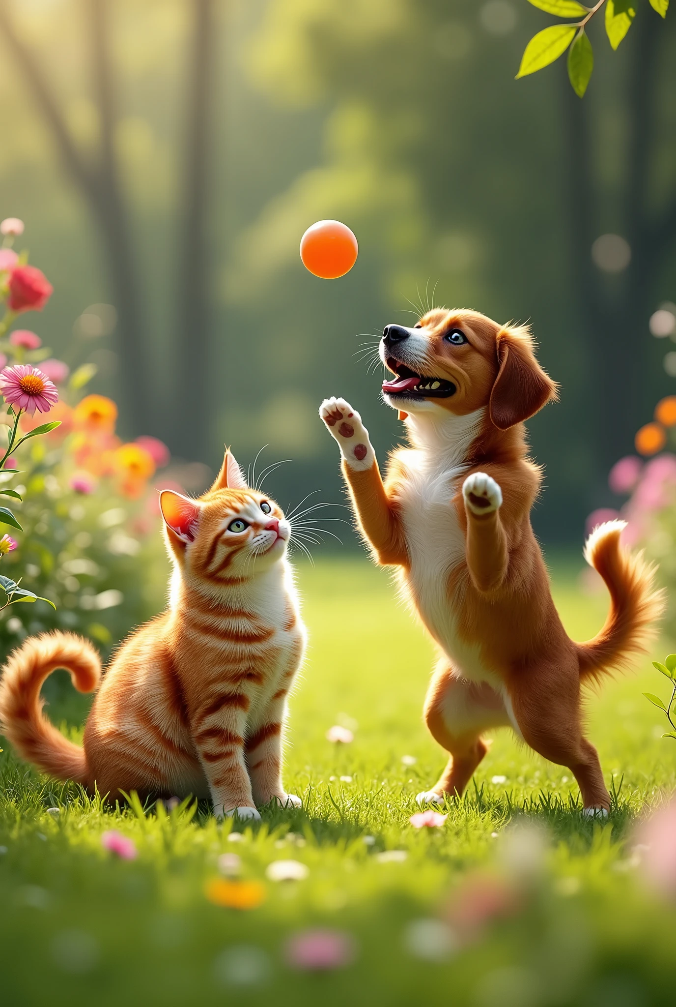 Description to illustrate a cat and a dog:
cat:
Color and appearance: A cat with soft and fluffy fur, Orange with white stripes. He has big green eyes and pointed ears..
Expression: The cat looks curious and friendly, with a slight smile on his face.
position: He is sitting in an elegant posture, with its tail wrapped around its front legs.
dog:
Color and appearance: A medium sized dog, with brown fur and white spots on the chest and legs. He has floppy ears and bright brown eyes..
Expression: The dog is happy and playful, with a wide smile and tongue out.
position: Is standing, with one front paw raised as if ready to play, and the tail moving from side to side.
scenery:
bottom: A sunny garden with colorful flowers, green grass and a small tree in the background.
interaction: The cat and the dog are playing together. The dog could be throwing a toy, and the cat might be trying to catch it with its front paws.