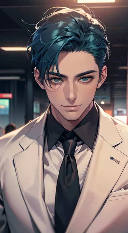 (Highest quality,4K,8K,High resolution,masterpiece:1.2),Super detailed,(Realistic,photoRealistic,photo-Realistic:1.37),1 person,34 years old,Mature Men,Beautiful skin、very handsome,Expressionless smile in love,Short blue hair,green eyes,Sharp Eyes,A perfect face without a doubt,Businessman, CEO, Office Background,Cinema Lighting,HDR image,tie、