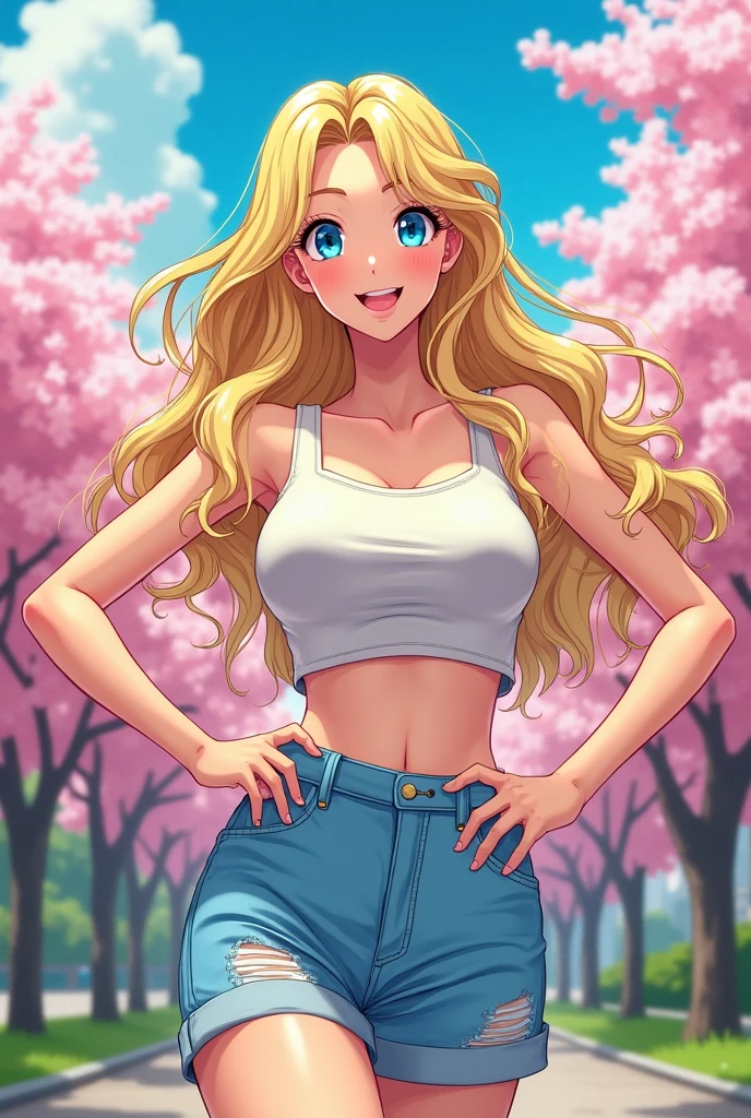 A 25 year old blonde and blue eyed young woman with big breasts in retro anime style Cheerful in casual clothes