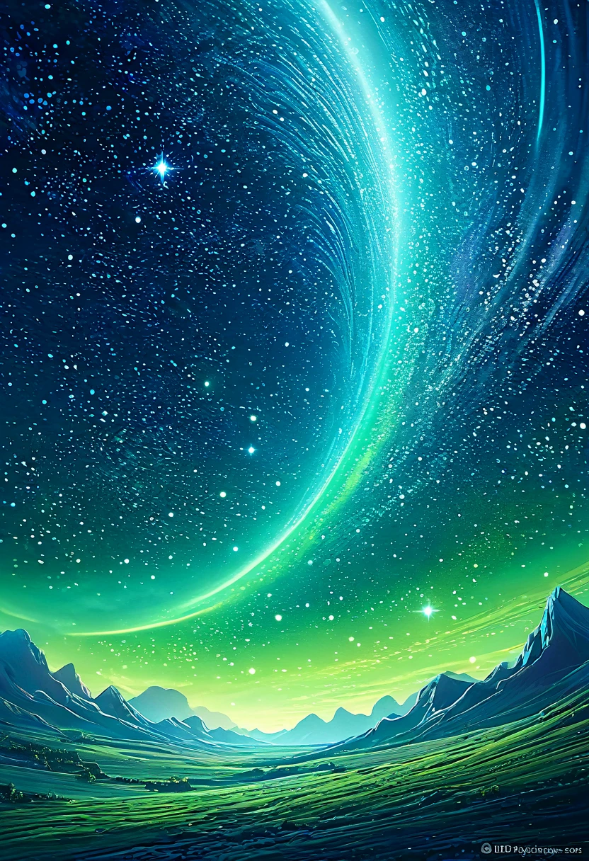 The moon is surrounded by many, many glowing stars. The starry sky is twinkling and light trails are even brighter. Surreal scene. Beautiful and amazing composition. Subtle shadows and highlights. Deep blue, light blue and green tones. More color gradations. Full of mystery. Vibrant Tones Action Painting Highly Detailed HD Cinematic Close-Up Magical Fantasy Gorgeous Digital Art