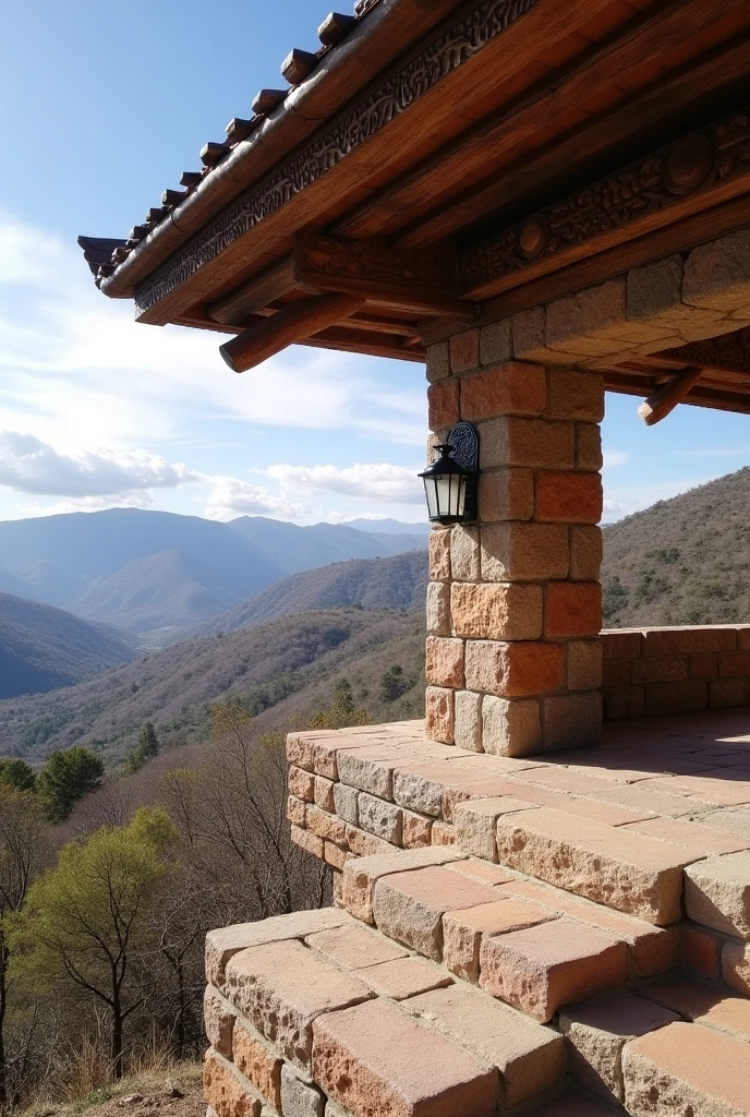 Simple open-air viewing point that is not like a house that is without walls on a summit with traditional architecture of wood carvings that also uses stone that is from Samaipata Bolivia that the roof is flat