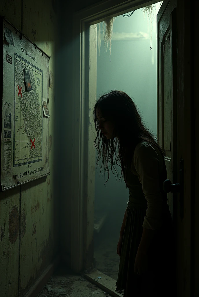 

**Episode 3: The Secret Room**
- **Plot:** Emily decides to spend the night in the house to uncover more clues. She stumbles upon a hidden door in the basement, leading to a secret room filled with strange symbols, old photographs, and a map of the town. The photos show people from the town, including Daniel, all marked with red crosses. As she examines the map, she realizes that the locations marked correspond to recent disappearances in the town. Suddenly, the door slams shut, trapping her inside. The episode ends with the sound of footsteps approaching the door.
- **Cliffhanger:** Who is coming, and will Emily escape?
