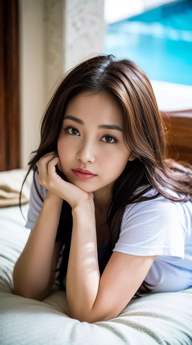 Dark brown hair、Light brown eyes、Japanese actress、 Lady、I am about 40 years old...、(Intricate details:1.2)、(Which is higher???:1.4)、 (Ultra-high resolution:1.2)、Ultra-high resolution、(Fine-tune)、(Detailed facial features)、Hmph、8k resolution、D cup size breasts、Hair length、By the pool、Venice hotel pool、Venice hotel pool、Sitting on a beach bed iBy the pool、You can see the pool in the back、Extravagant space、relax、T-Shirts、濡れたT-Shirts、Water Drop,Full body photo、Head to toe shot、lying on a beach bed、Photographed while lying on a beach bed、Lie down with your butt up、Accentuate your breasts、Gentle expression、Sleep with your elbows on the floor、Turn your back towards me、