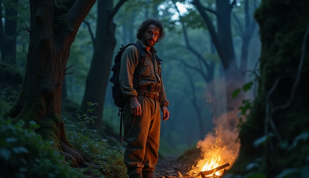A man lost in a dark, dense forest with a campfire