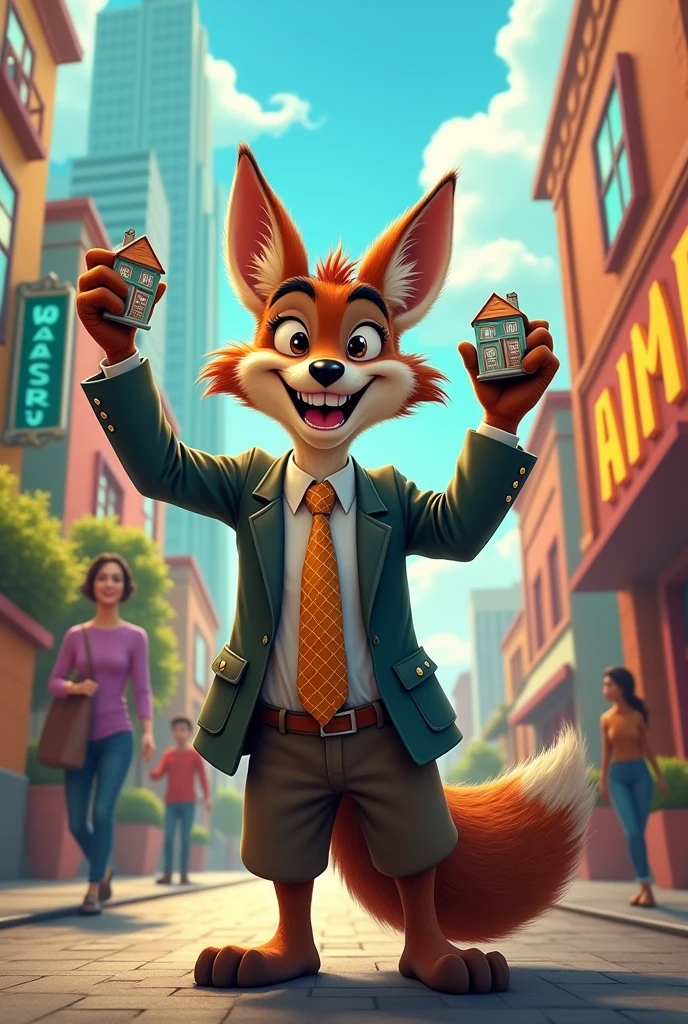 (cheered up) coyote with jacket and tie, real estate seller.