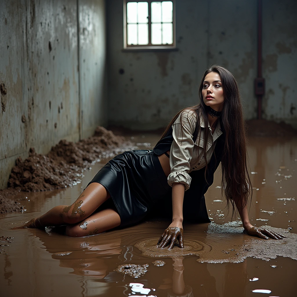 A realistic photo of one slender business goth lady, model-like appearance with long hair. She is dressed in long black business pencil skirt(muddy, dirty,,torn, ripped) made from cotton fabric, black business jacket(muddy, dirty) made from cotton and wool fabric. black business vest, white muddy shirt, stockings, black choker on the neck. She located in very muddy and very flooded big office room. She crawling on her knees, leaning on her elbow in flirty and modest pose on the muddy floor, deep dive and swimming in liquid and sticky mud, she smears a lot of liquid mud on her black business pencil skirt, jacket, vest, shirt, stockings, face, hair from head to toe. Her skirt and jacket extremely stained and covered with liquid mud, dirt and streaks from it, which has flows down from her jacket, shirt to her skirt, creating a messy and sloppy appearance. The light brilliantly illuminates all her clothes in details, casting small shadows and emphasizing the texture of the liquid mud on her clothes. View angle of the camera from top and rotated in different angle from the business lady.