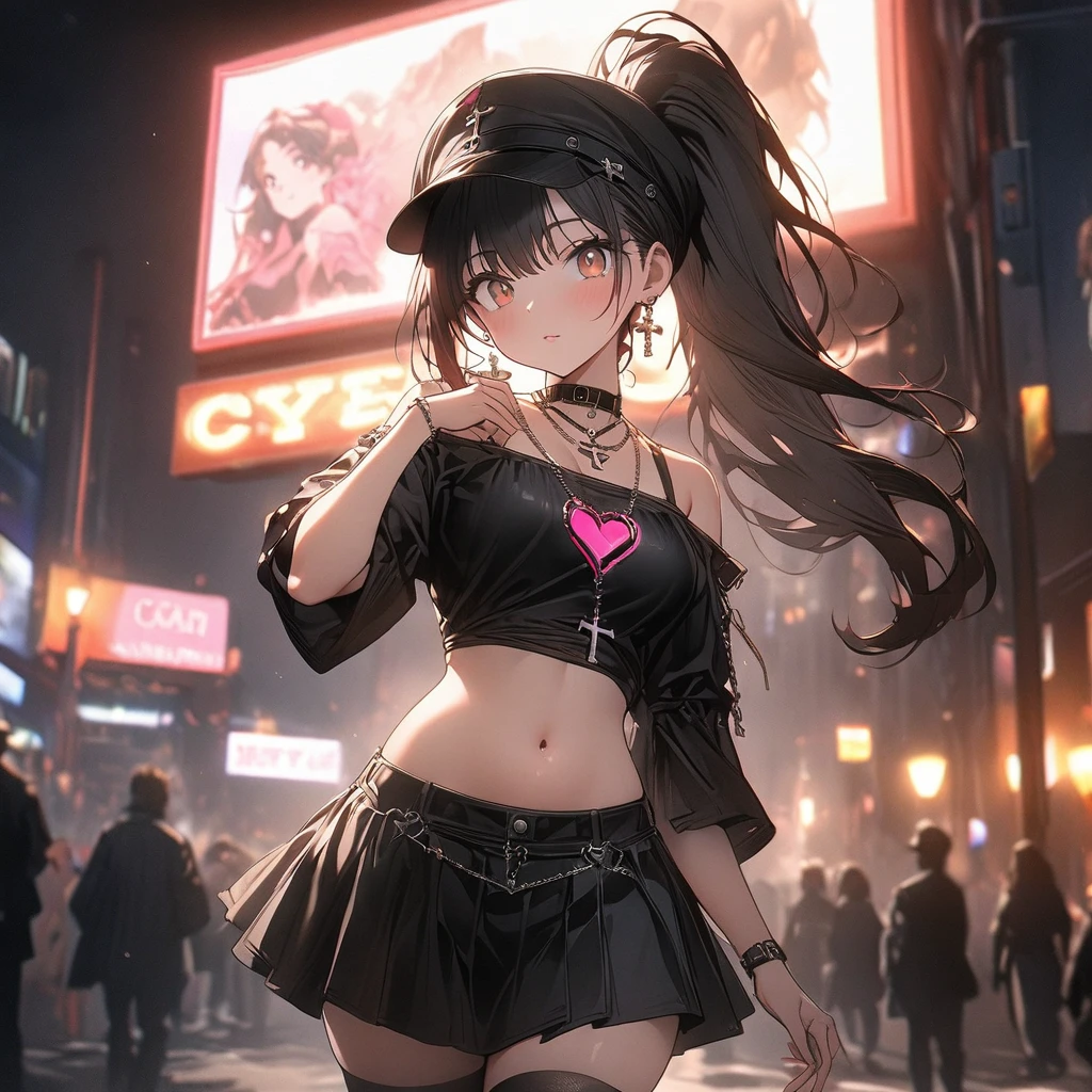 (((anime))) One woman,Gal,Black Hair,ponytail,Wear a black cap,Heart symbol,Pink Earrings,necklace,(cross),Collar with spikes Cool,Look this way,Brown eyes,Big pupils Black drop shoulder,I can see your shoulders,Short clothes,I can see my belly button,Black Skirt,Black Stockings Night,City of night,signboard,Street lamp light,Backlight,dazzling,A slightly blurry masterpiece,Highest quality,Exquisite,8k,Absurd,Ultra-fine illustrations,(View your viewers)
