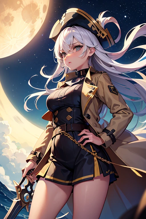 Beautiful girl, highlighted breasts, pirate outfit(trench coat, pants, short shorts, skirts, weapons etc.), long white hair , tan skin tone, na proa do navio, looking at the starry sky and full moon