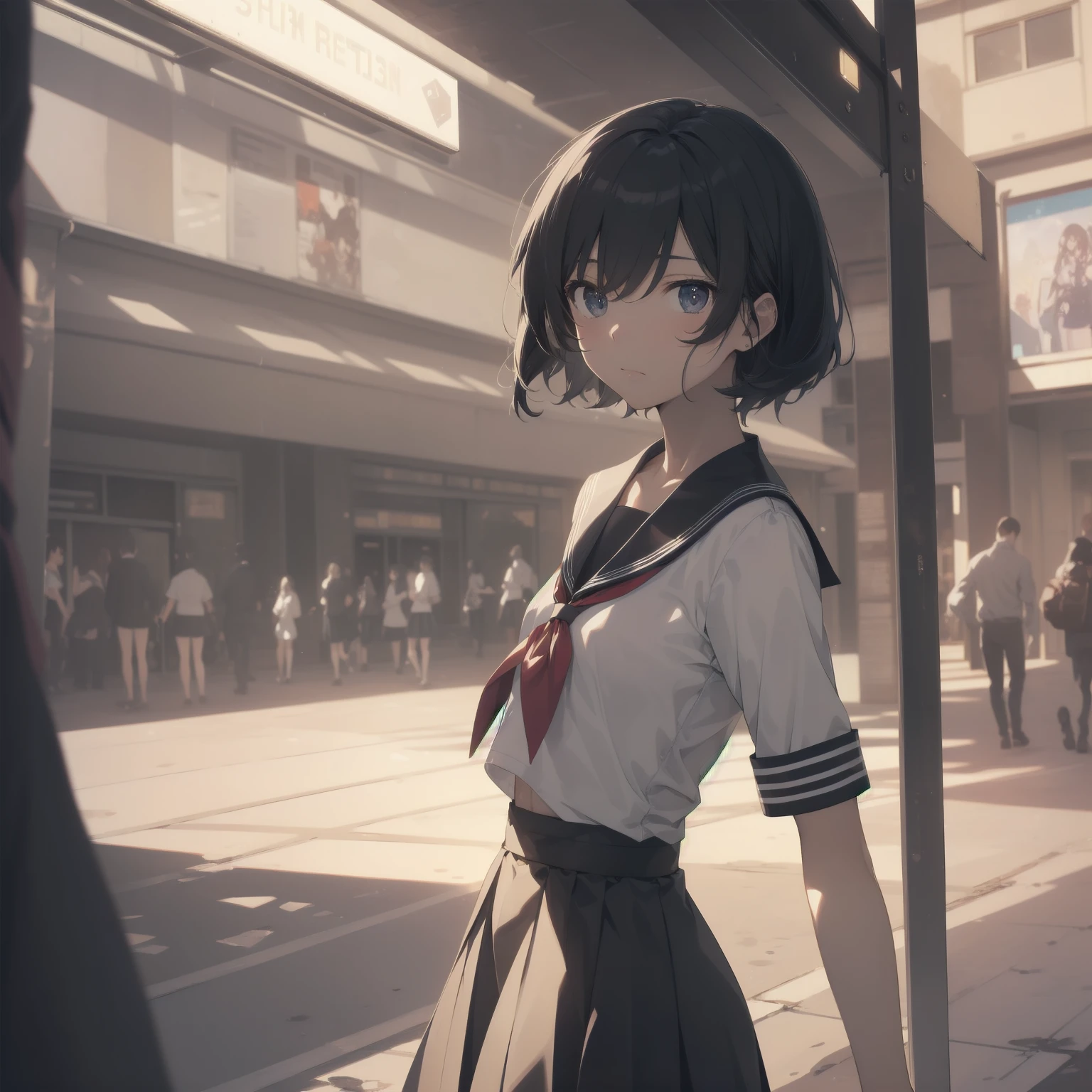 ultra-absurdres-Top quality by artist God, ultra-detailed, high resolution, anime moe artstyle, best anime 8k konachan wallpaper, pixiv contest winner, pool:2810, perfect anatomy,break, 1girl, (Please draw a girl walking sleepily to school alone. )break,(Solo,little female, 13-year-old:1.3),Full limbs, complete fingers,a junior high school student, (very short hair), short cut, flat chest, , small butt, small black eyes, beautiful detailed eyes, well-proportioned iris and pupils, expressive eyes, highres detailed hair, soft expression, salor school_uniform, sailor collar, serahuku, bow, pleated skirt,(Detailed Lighting), (Detailed background), in the School commute route. break,super detailed skin, Best cinematic lighting powered by famous artist, 8k,beauty illustration,photoshop_(medium),very aesthetic,break,((artist:shimazaki_mujirushi )), artist:clamp ,artist:carnelian ,artist:kantoku ,