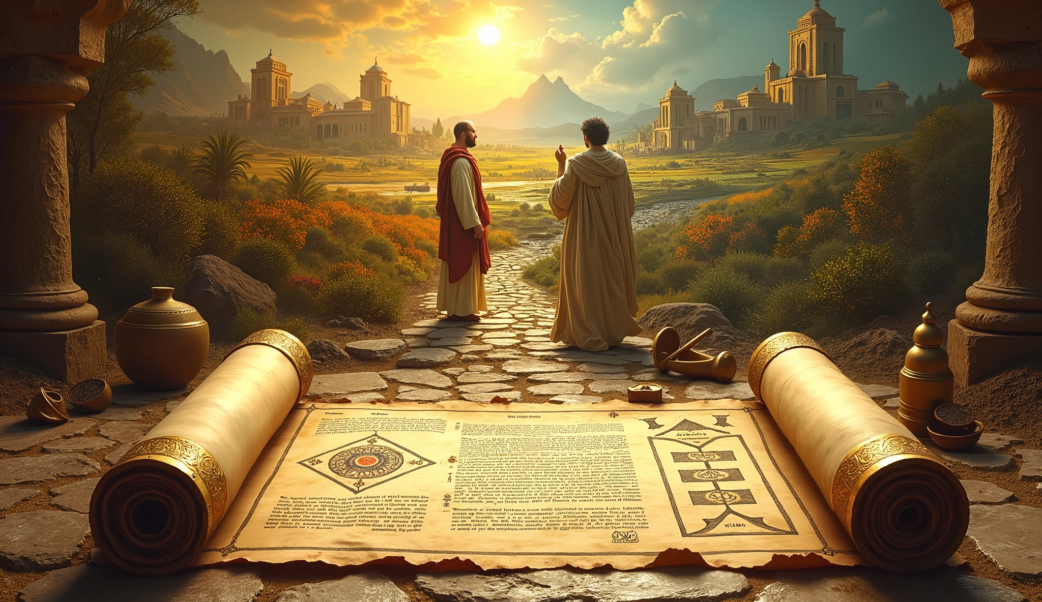 Create an image that symbolizes financial planning with a biblical twist. Show an unrolled ancient scroll with a detailed strategic plan, while Solomon, in a vibrant market scenario, observe carefully. Ao fundo, an illustrative mural divides the scene into two parts: one shows prosperity and growth, with green fields and robust buildings, representing the result of diligent planning; the other shows a barren and deteriorated landscape, representing the consequences of haste and lack of planning. Add elements like an antique compass and calculating tools to reinforce the importance of strategic and careful guidance..