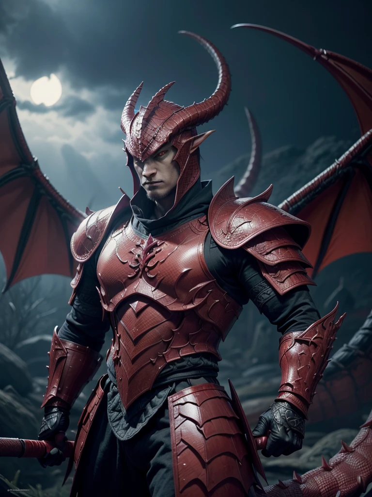 Red Dragonborn, (dark red scales), (vibrant red dragon eyes), dressed in (black Plate armor), holding a (black Magic halberd), (Tiamat Dragon) in background, slim muscled body, dramatic illumination highlighting scales and eyes, mythical fantasy vibe, captivating atmosphere of power and ferocity, Dragon wings