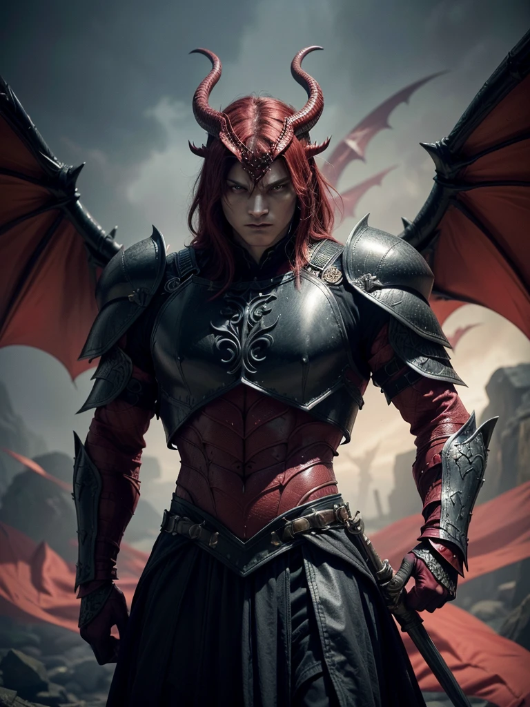 Red Dragonborn, (dark red scales), (vibrant red dragon eyes), dressed in (black Plate armor), holding a (black Magic halberd), (Tiamat Dragon) in background, slim muscled body, dramatic illumination highlighting scales and eyes, mythical fantasy vibe, captivating atmosphere of power and ferocity, Dragon wings