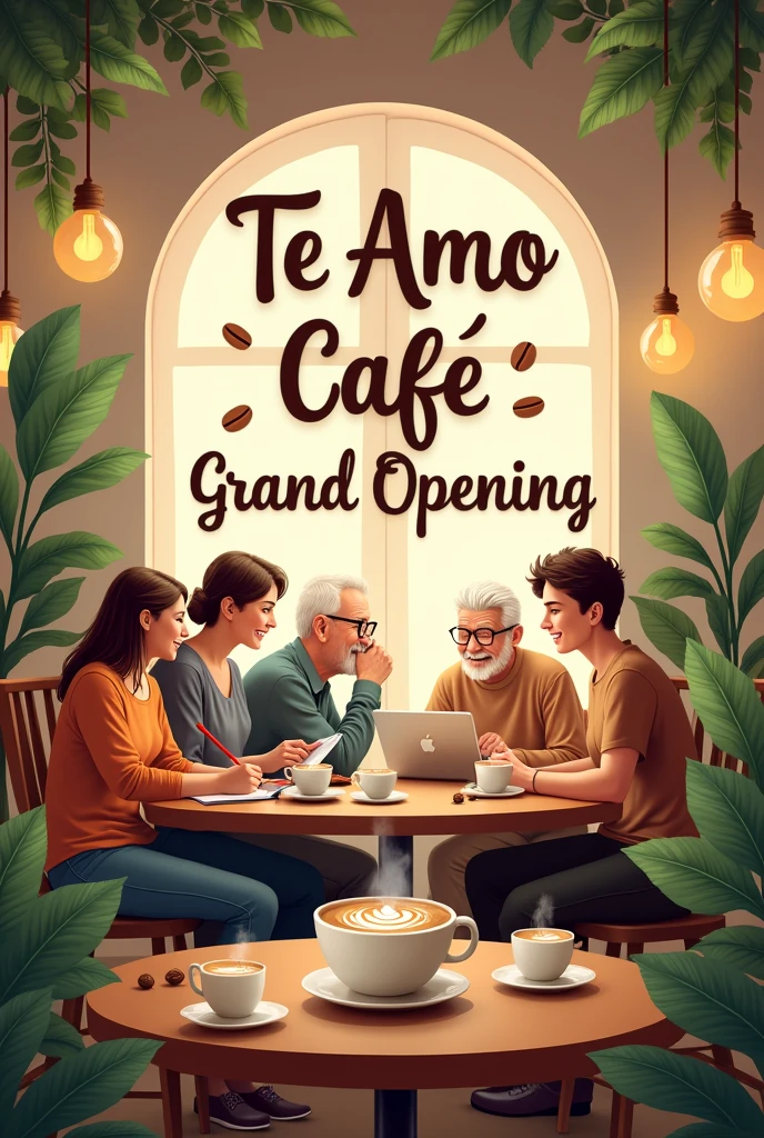 Create hd poster for Te amo Cafe grand opening on August 21th with cuppuccino drinking people background