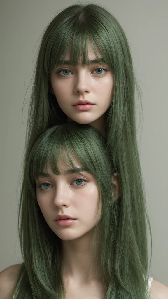 a girl. European. Extremely detailed face. Oval face. Delicate facial features. Half-closed eyes. Long straight hair. Messy hair. Bangs. Green hair. Green eyes. Angry. Shy. Straight face