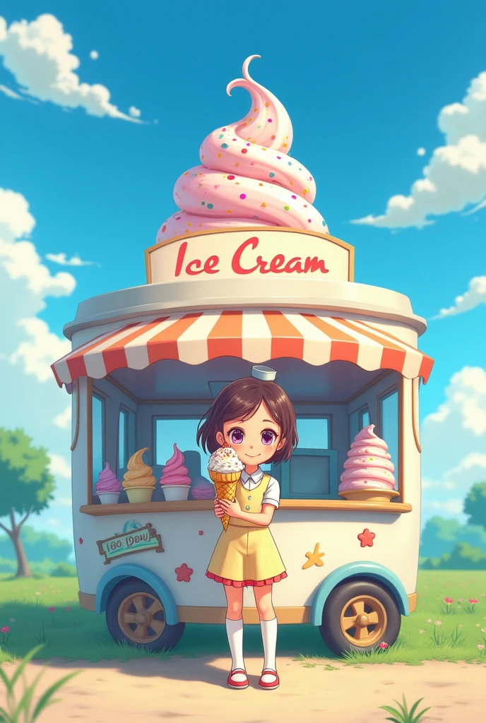 Ice cream truck，Exterior panorama，A very cute girl is the clerk，The clerk&#39;s hand extended out from the counter，Holding the ice cream that you dare to make，Ready to hand to the customer，Ghibli style，4k8k resolution，Size 9:16