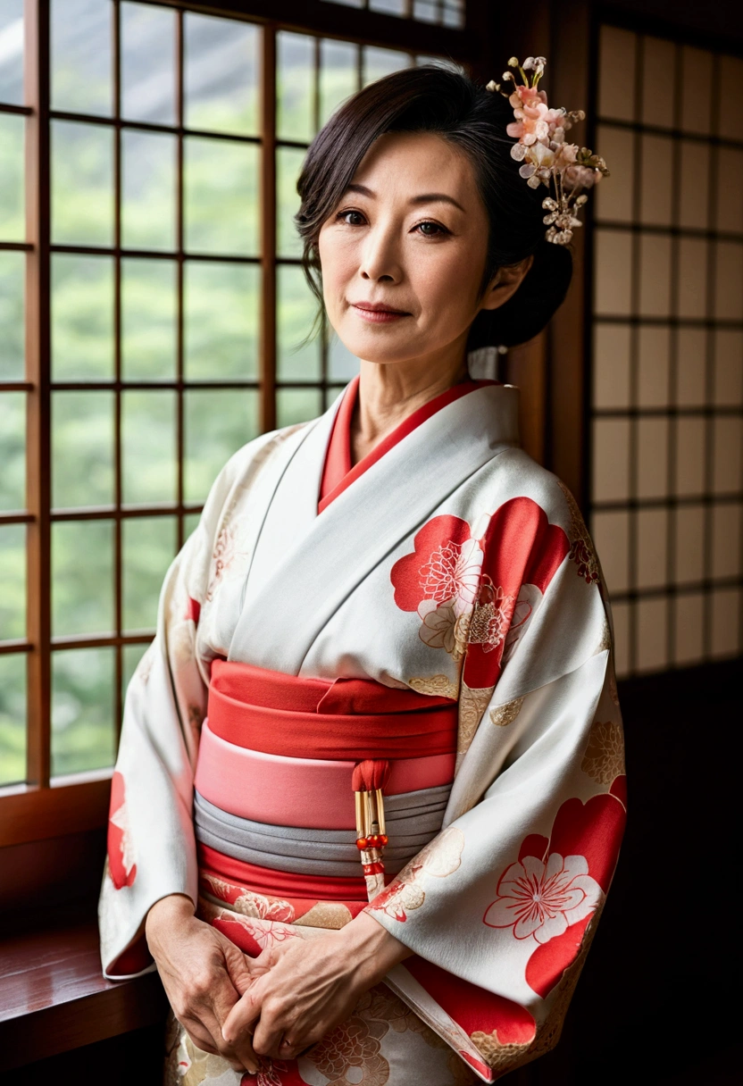 Please draw a Japanese woman in her 40s wearing a kimono.。