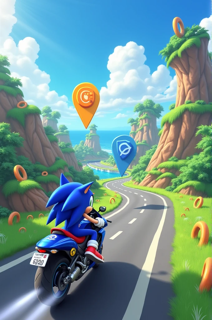 Location map that has 2 points and a Sonic on a motorcycle