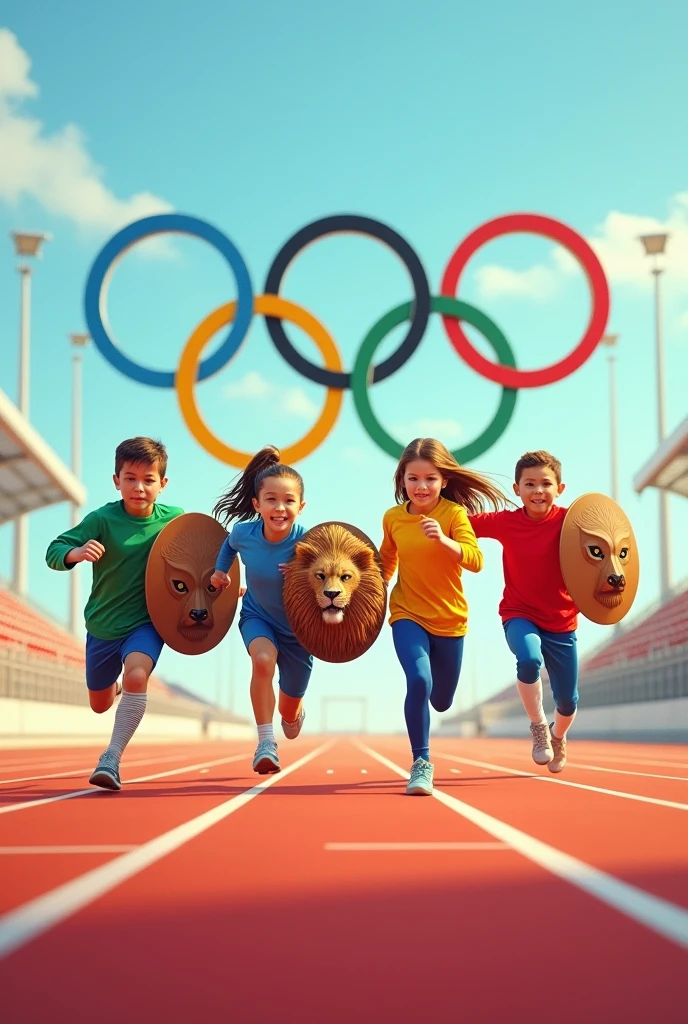 Four  competing on an athletic track. Among the four children there must be a child athlete in a green uniform and with a bull shield, a child athlete in a red uniform and with a dragon shield, a girl athlete in a yellow uniform with a lion shield and a girl athlete in a blue uniform with an eagle shield. In the background the large, colorful Olympic rings

