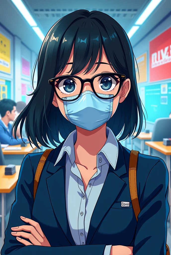 The teacher in the game bluearchive wears glasses, black hair, and wears a mask.
