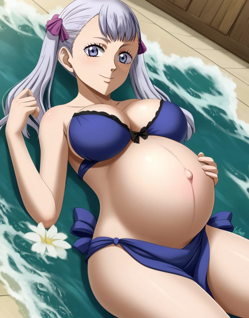 noelle_blackclover, Noelle Silva, Black Clover, long silver hair, waist-length hair, half-up half-down hairstyle, ribbon, soft waves, side-parted bangs, almond-shaped blue eyes, high-quality, ultra-detailed, beast quality, 8K resolution,
looking at viewer, dutch angle, cowboy shot, smile, pregnant belly, large belly, big belly, big Breasts, Lying down,
1girl,solo, indoors, happy, Smiling, rub belly,
full body,