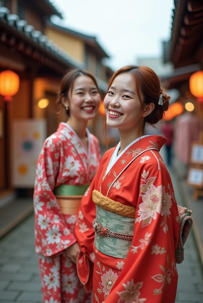 Low angle photo of Asian Thai girl Beautiful face, tiny, senyum manis, Dimples Reddish brown hair, wearing a Japanese kimono, wearing jewelry, wearing shoes according to the Japanese dress code, 2 people, ngobrol, cheerful, whispering to each other, Shopping at the market, houses filled with Japanese home atmosphere. display "CEMOXS" on his clothes. Hyper-realistic, High color effect, 8k, detail, ass focus