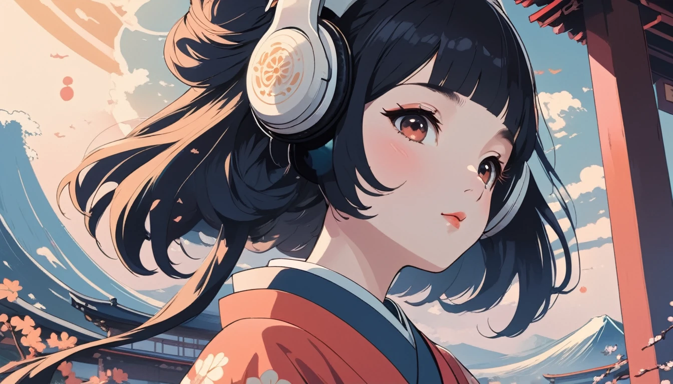Japanese style headphones、geisha、The background is a scene from old Japan.、Wide-angle lens, Lofi Anime, Lofi illustration, Aesthetic atmosphere, Lo-Fi Style, Vector art, Flat Design, Simple shape, Warm tones, Pleasant atmosphere, Chill, In anime style, Digital drawing, Vector art, Vector logo for t-shirt printing, (Adorable:1.5), (small:1.4), (Playful:1.2), (soft:1.3), (Whimsical:1.1), masterpiece, Highest quality, 8k, Intricate details, grow, Celestial, Mysterious, Picturesque, amazing, Majestic, Magic, Fantasy art, Cover art, dream-like