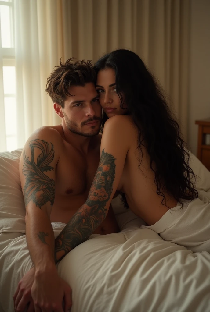 White man, tattooed an eagle on his forearm and a lion on his bicep on his left arm sitting on the bed taking a picture in the mirror with a white woman, with long black hair on top of the man sitting looking back without letting the faces of the two people in the photo be seen