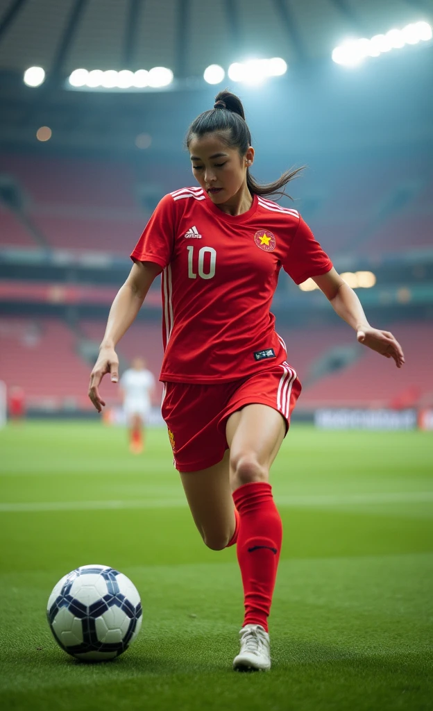Chinese women's football，Beautiful facial features，White skin，Close-up of training，Steals，Shot，Dribble， World Cup stadium as background