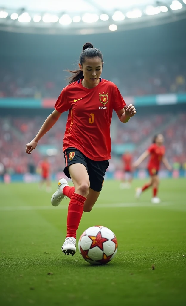 Chinese women's football,Beautiful facial features,White skin,Close-up of training,Steals,Shot,Dribble, World Cup stadium as background